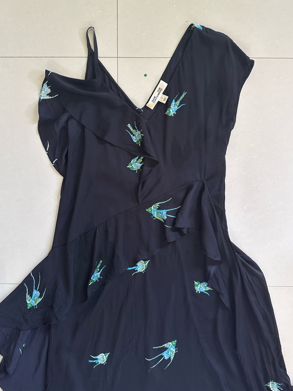 Diane Von Furstenberg Black Silk Ruffle Midi Dress with Teal Bird Motif